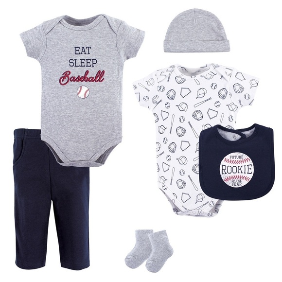 NWT Hudson Baby Cotton Layette Baseball 6pc Set Gray, White & Blue 3-6M - Picture 1 of 4